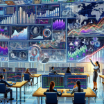 A detailed illustration of a trading platform interface displaying various future margins, with charts, graphs, and numerical data. The scene should include a diverse group of focused traders working on multiple screens, analyzing the future margins on TradeStation. One trader can be pointing at a screen showing an upward trend in the margin chart. The background could feature a modern, high-tech office environment with subtle branding elements of TradeStation.