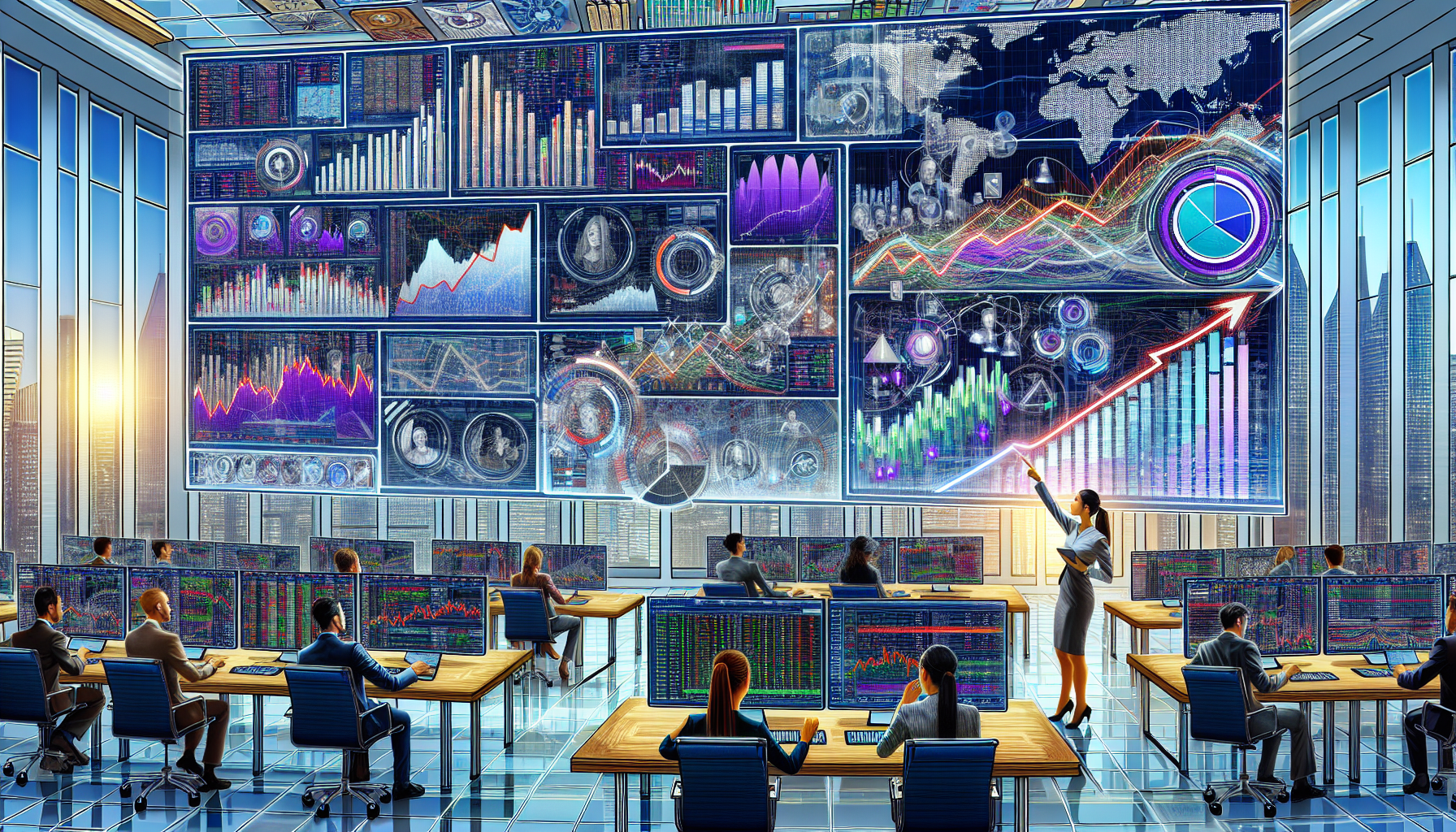 A detailed illustration of a trading platform interface displaying various future margins, with charts, graphs, and numerical data. The scene should include a diverse group of focused traders working on multiple screens, analyzing the future margins on TradeStation. One trader can be pointing at a screen showing an upward trend in the margin chart. The background could feature a modern, high-tech office environment with subtle branding elements of TradeStation.