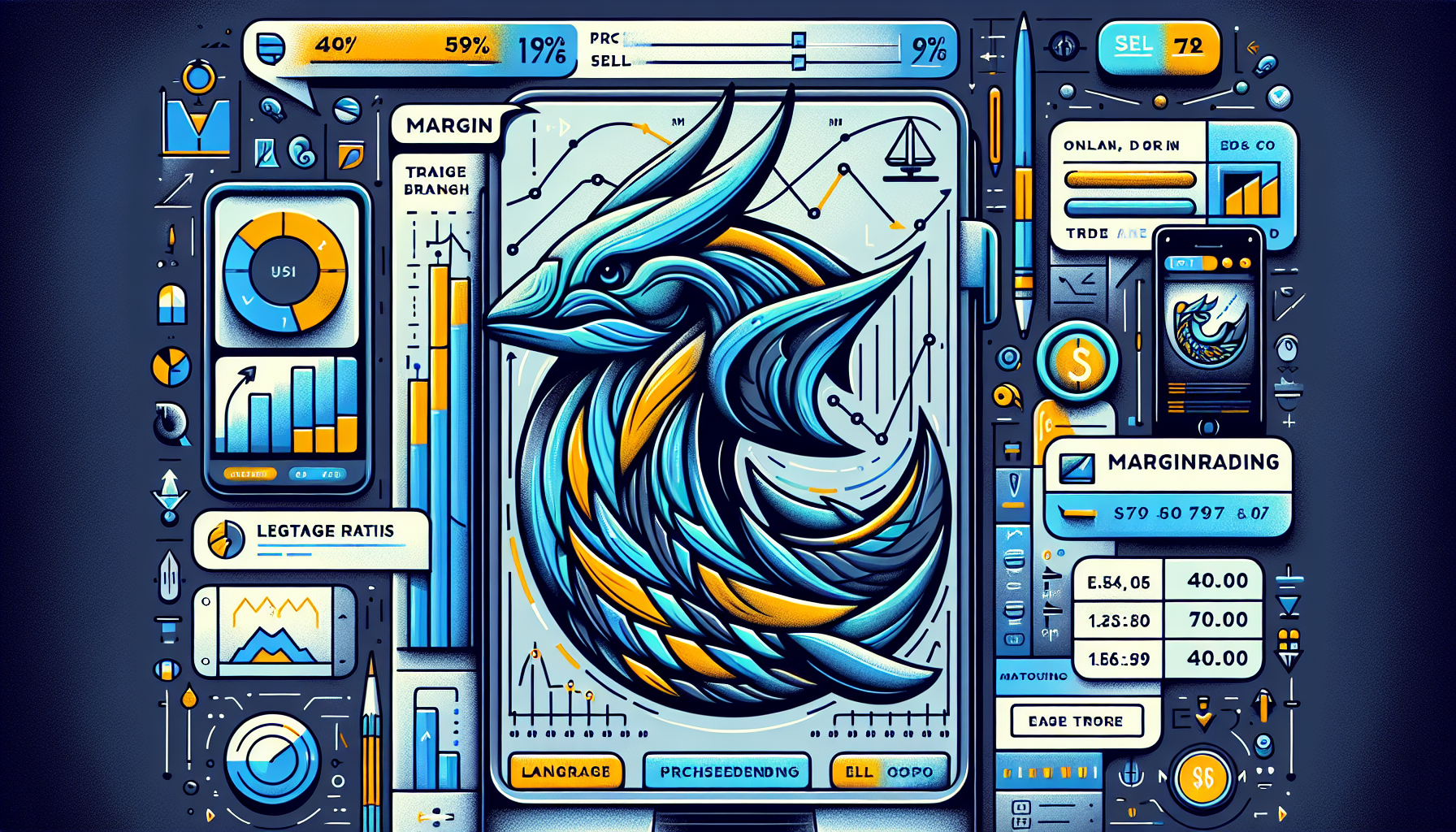 Create a detailed digital illustration representing an informative guide to Kraken Margin Trading. Include images of the Kraken logo, a sophisticated financial chart with rising and falling trends, and a modern computer or smartphone screen displaying the Kraken trading platform. Highlight elements such as leverage ratios, buy/sell options, and trading pairs. Use a clean, professional design with a focus on clarity and user education.