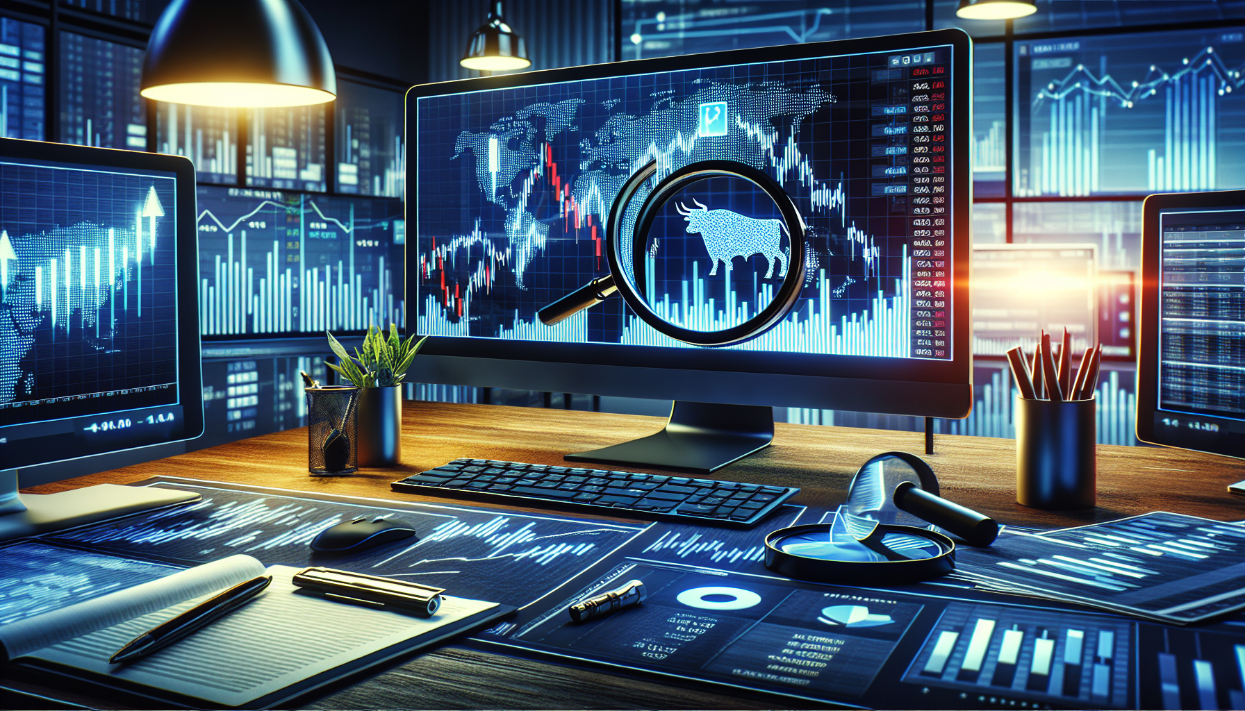 Create an image representing the concept of Webull Margin Trading by showcasing a dynamic financial trading platform on a modern computer screen. Display charts, graphs, and data analytics indicating real-time stock performance. Include visual elements such as a magnifying glass highlighting Margin Trading and a bar graph showing potential profits. Incorporate Webull's logo subtly to establish brand identity. The background should feature a professional trading environment with a sleek, well-lit office setup.