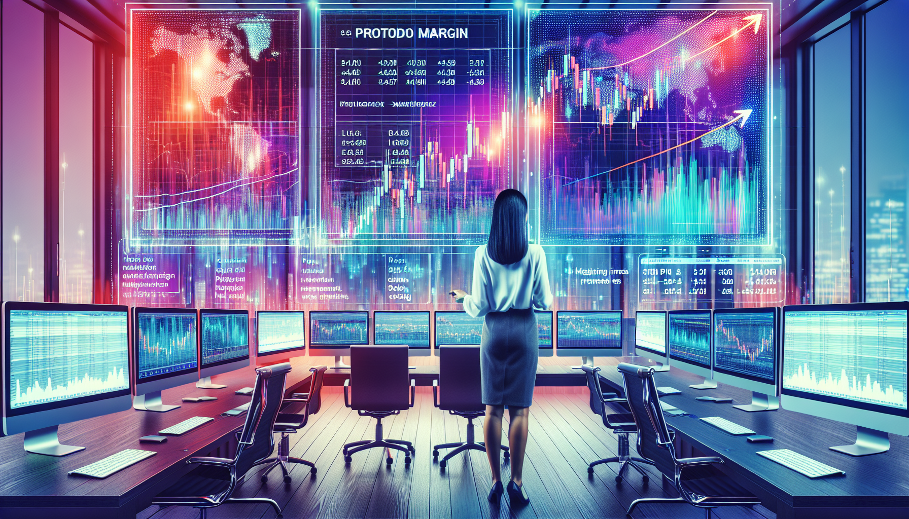 Create an image depicting a sophisticated modern office setting with multiple computer screens displaying complex financial data and graphs. A confident financial analyst is actively engaged with the screens, highlighting the phrase eTrade Portfolio Margin with a focus on maximizing investment potential. The background features subtle representations of bullish stock market trends and vibrant, growing financial charts, emphasizing the potential for increased investment returns.