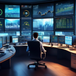 Create a detailed illustration of a high-tech financial trading office with multiple computer screens displaying margin trading charts and graphs. The scene shows a professional trader focused on his work, with a cityscape visible through a large window. The atmosphere is dynamic and modern, reflecting the high stakes and sophistication of margin trading. Include elements like financial news tickers, stock market data, and a coffee cup on the desk to add realism.