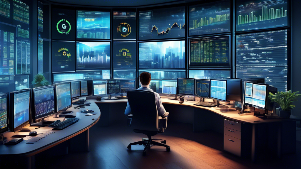 Create a detailed illustration of a high-tech financial trading office with multiple computer screens displaying margin trading charts and graphs. The scene shows a professional trader focused on his work, with a cityscape visible through a large window. The atmosphere is dynamic and modern, reflecting the high stakes and sophistication of margin trading. Include elements like financial news tickers, stock market data, and a coffee cup on the desk to add realism.