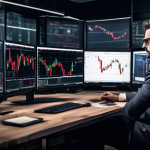 Create an image depicting a professional trader analyzing forex margin requirements on multiple screens in a modern office setting. One screen shows the Interactive Brokers (IBKR) logo, another displays a complex forex trading chart with currency pairs, and a third has a detailed table of margin requirements. Include subtle financial elements like graphs, charts, financial news tickers, and currency symbols to highlight the Forex trading environment.