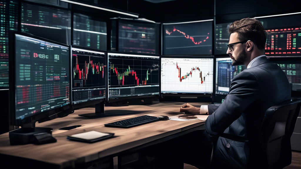 Create an image depicting a professional trader analyzing forex margin requirements on multiple screens in a modern office setting. One screen shows the Interactive Brokers (IBKR) logo, another displays a complex forex trading chart with currency pairs, and a third has a detailed table of margin requirements. Include subtle financial elements like graphs, charts, financial news tickers, and currency symbols to highlight the Forex trading environment.