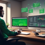 A detailed digital illustration of an investor sitting at a desk, using TD Ameritrade's trading platform on a computer. The screen displays charts and indicators while floating text bubbles highlight terms like 'leverage,' 'margin,' and 'risk management.' Background includes a modern home office setting with financial books and a cup of coffee. The tone is educational and professional.