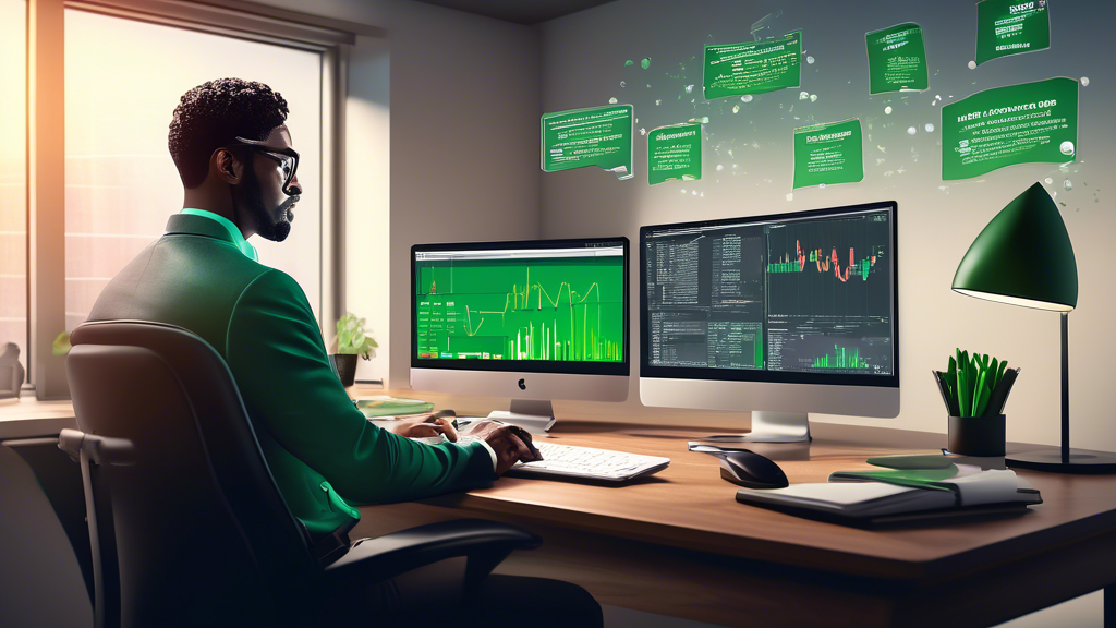 A detailed digital illustration of an investor sitting at a desk, using TD Ameritrade's trading platform on a computer. The screen displays charts and indicators while floating text bubbles highlight terms like 'leverage,' 'margin,' and 'risk management.' Background includes a modern home office setting with financial books and a cup of coffee. The tone is educational and professional.