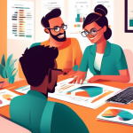 Create a detailed illustration of a modern, friendly financial advisor explaining the benefits of a SoFi margin account to a young couple in a contemporary home office, with charts, graphs, and a laptop screen displaying financial data in the background.