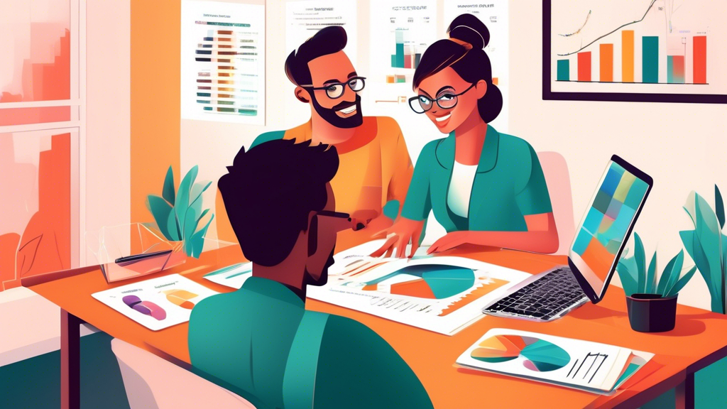 Create a detailed illustration of a modern, friendly financial advisor explaining the benefits of a SoFi margin account to a young couple in a contemporary home office, with charts, graphs, and a laptop screen displaying financial data in the background.