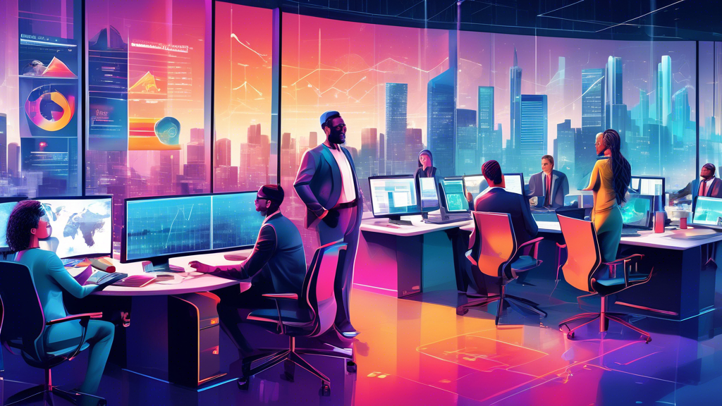 Create a detailed and vibrant illustration of a diverse group of professionals working together in a high-tech office overlooking a cityscape. They are surrounded by charts, graphs, and digital screens displaying financial data and strategies. The atmosphere is collaborative and focused, capturing the essence of unlocking potential through effective financial strategies.