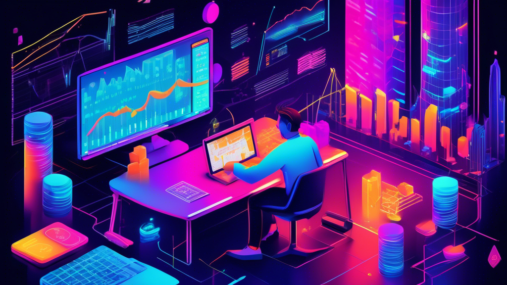 An illustration depicting a dynamic trading environment focused on Arbitrum margin trading, featuring a futuristic digital interface with charts showing ri