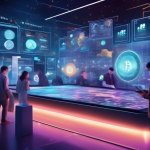 Create an image of a futuristic digital marketplace bustling with activity, where diverse individuals are interacting with enormous glowing screens display