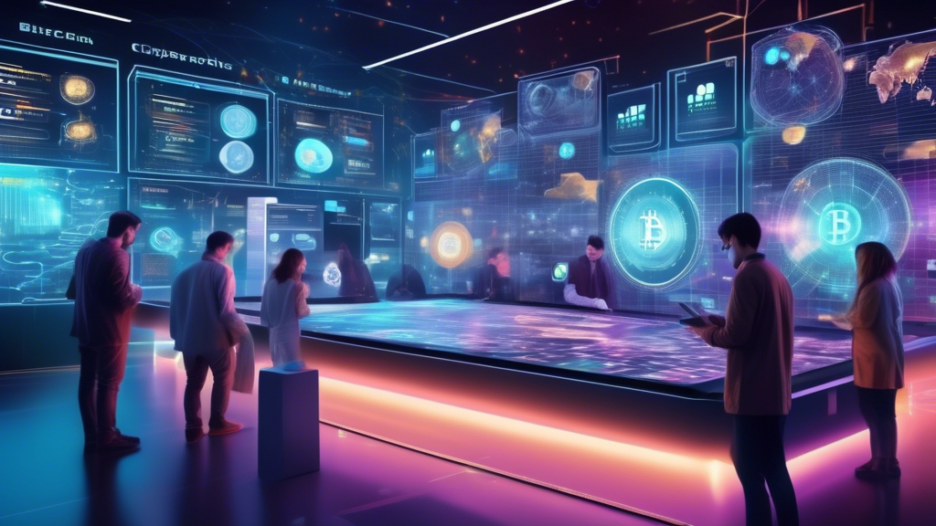 Create an image of a futuristic digital marketplace bustling with activity, where diverse individuals are interacting with enormous glowing screens display