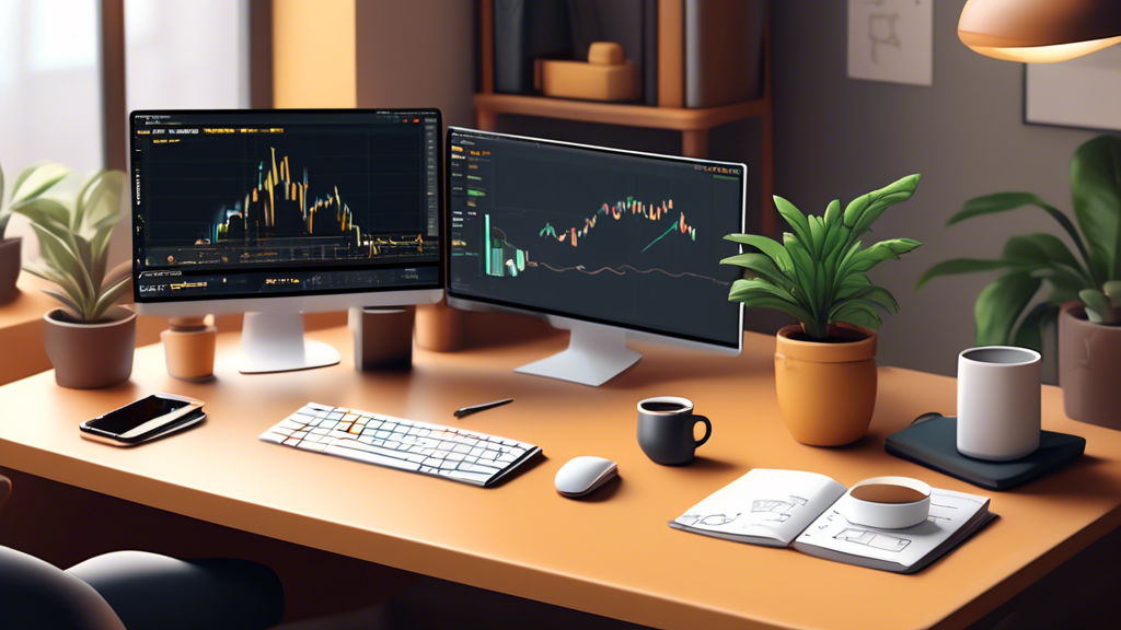 Create an illustration of a beginner-friendly workspace for someone starting with Binance Margin Trading. The scene should include a computer screen displa