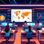 Create an illustration of a futuristic digital classroom where a diverse group of eager students are learning about BTC (Bitcoin) margin trading. In the ce