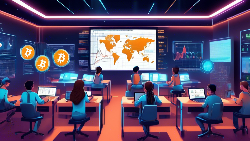 Create an illustration of a futuristic digital classroom where a diverse group of eager students are learning about BTC (Bitcoin) margin trading. In the ce