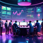 Illustrate a vibrant and detailed scene showing a diverse group of traders in a futuristic financial trading hub. They are gathered around a large, interac