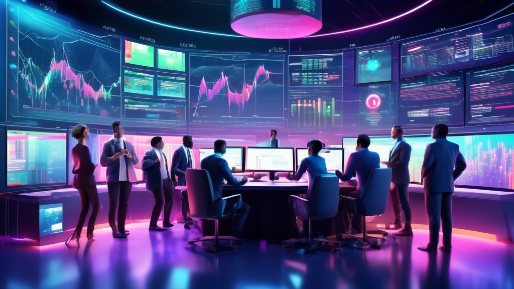 Illustrate a vibrant and detailed scene showing a diverse group of traders in a futuristic financial trading hub. They are gathered around a large, interac