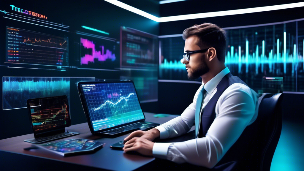 Create an image of a futuristic digital interface where a person is studying a holographic display of financial graphs and cryptocurrency charts. The displ