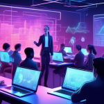 Create an image of a futuristic, digital classroom where a diverse group of students is learning about crypto exchange margin trading. The students are sit