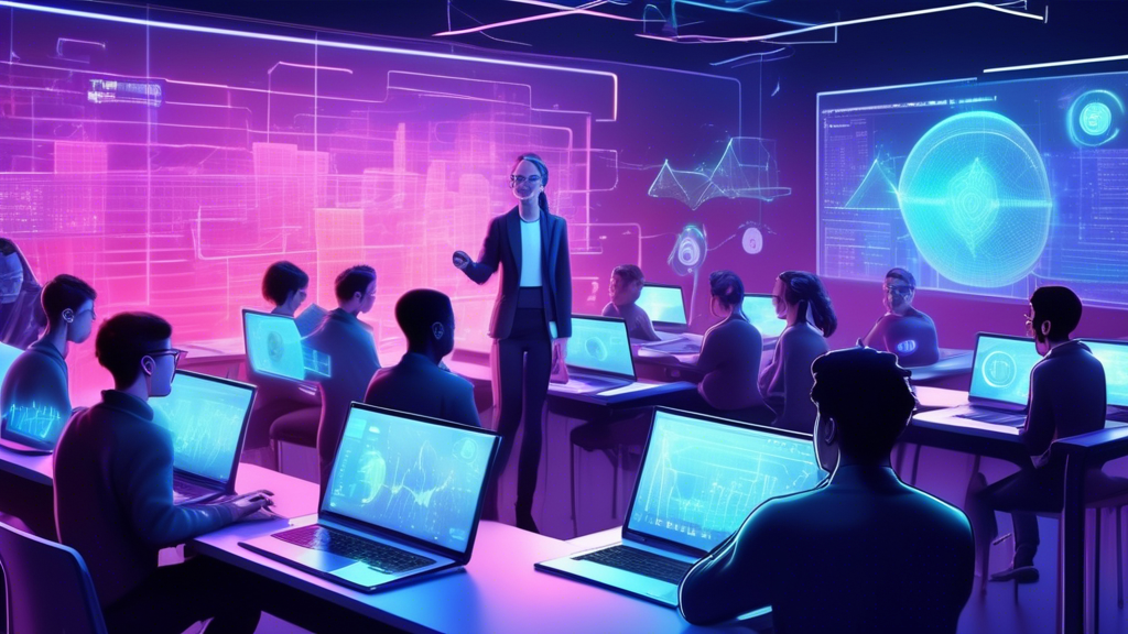 Create an image of a futuristic, digital classroom where a diverse group of students is learning about crypto exchange margin trading. The students are sit