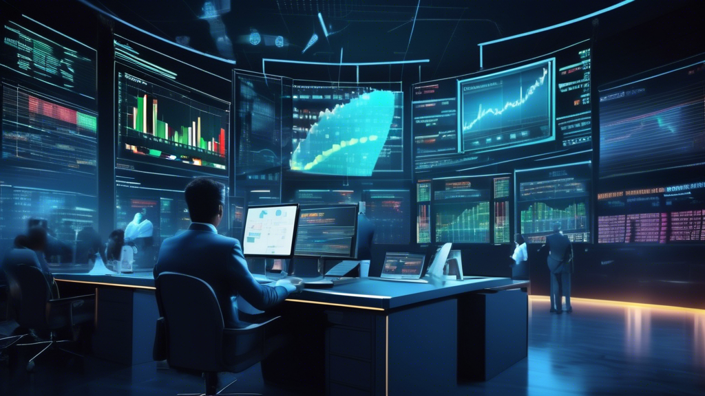 Create an image illustrating the concept of margin trading in finance. The scene should depict a sophisticated financial setting with a digital trading pla