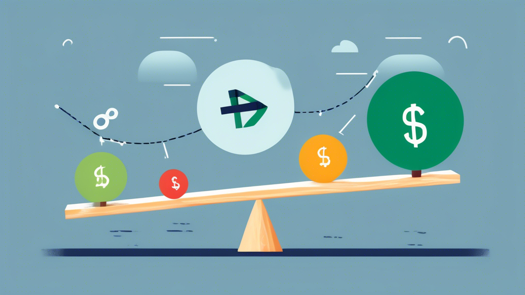 Create an image depicting a seesaw balanced on a fulcrum labeled Margin Trading. On one side of the seesaw, show various positive symbols like a rising gra