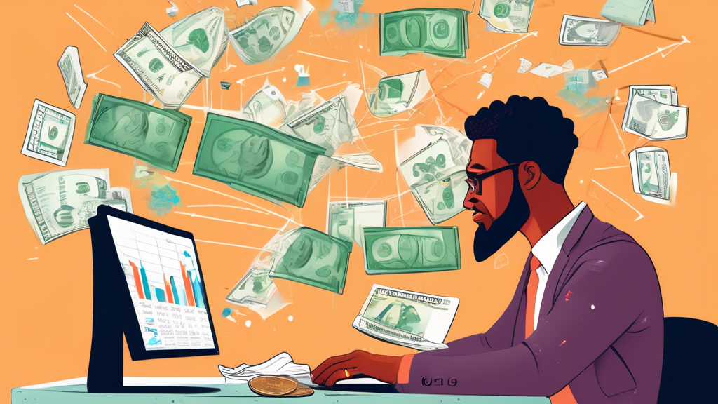 A detailed illustration showing the concept of a margin trading account: an individual at a desk, looking at a computer screen with financial charts and da