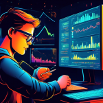 An informative and visually engaging illustration of margin trading in Bitcoin, featuring a young beginner analyzing charts and graphs on a computer screen