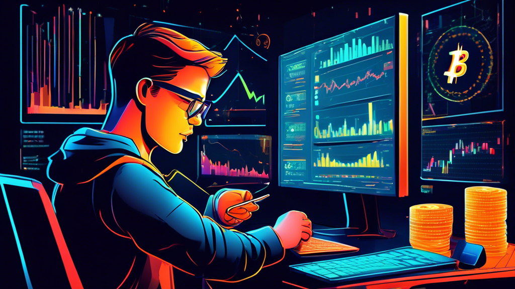 An informative and visually engaging illustration of margin trading in Bitcoin, featuring a young beginner analyzing charts and graphs on a computer screen