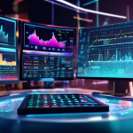 Create an image of a futuristic financial analyst's workspace. The focus is on a high-tech margin trading calculator displayed on a sleek holographic scree