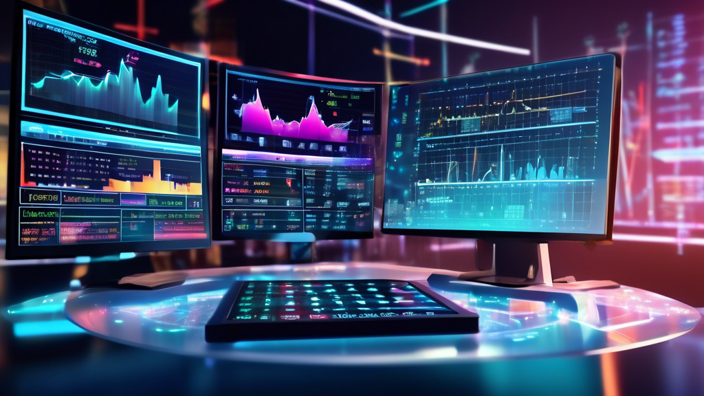 Create an image of a futuristic financial analyst's workspace. The focus is on a high-tech margin trading calculator displayed on a sleek holographic scree