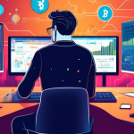 An educational illustration depicting a beginner navigating the concept of margin trading in cryptocurrency. The image features a diverse individual lookin