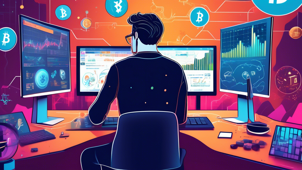 An educational illustration depicting a beginner navigating the concept of margin trading in cryptocurrency. The image features a diverse individual lookin