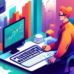 Create an illustration that visually explains margin trading. Include elements such as a stock market chart, a trader analyzing data on a laptop, margin ca