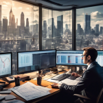 Create an image depicting a financial analyst in an office setting, examining charts and graphs on computer screens that display interest rates. The room i