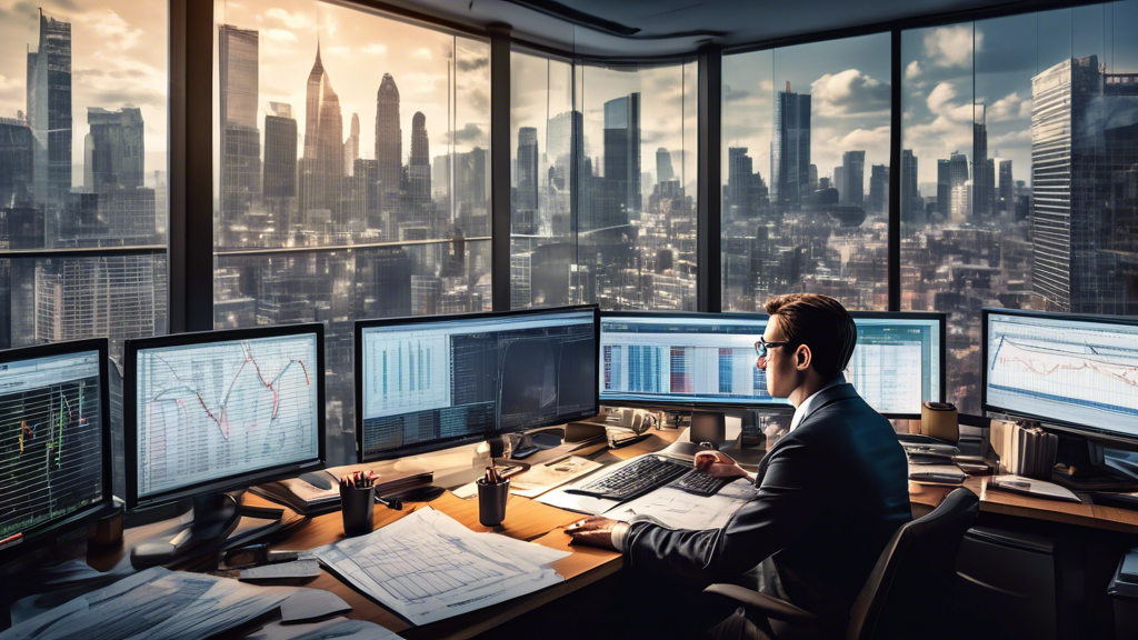 Create an image depicting a financial analyst in an office setting, examining charts and graphs on computer screens that display interest rates. The room i