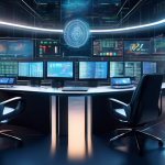 Create an image of a futuristic, high-tech trading office with multiple digital screens displaying graphs, stock tickers, and cryptocurrency data. The cent