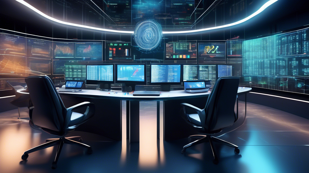 Create an image of a futuristic, high-tech trading office with multiple digital screens displaying graphs, stock tickers, and cryptocurrency data. The cent