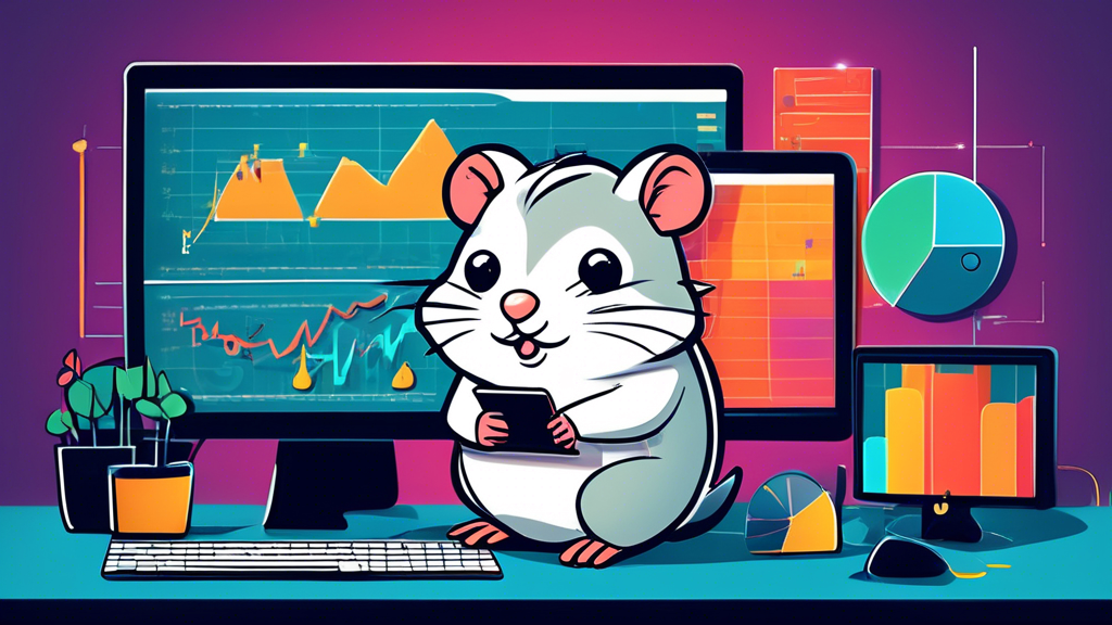 An educational illustration of margin trading concepts tailored for beginners, featuring a cartoon hamster sitting at a computer with financial charts and