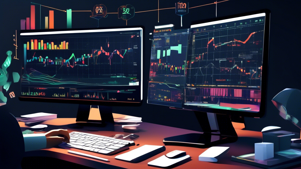 Create an illustration that visually contrasts options trading and margin trading. On one side, depict options trading with symbols like call and put optio