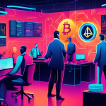 An illustrated scene depicting the concept of margin trading in cryptocurrency, featuring a diverse group of traders in a modern trading room, various digi