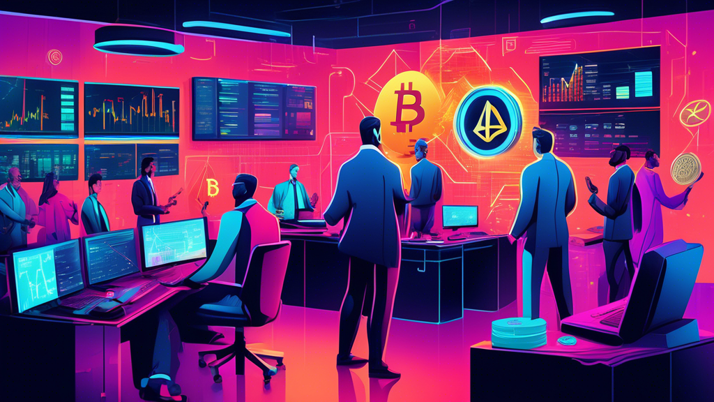 An illustrated scene depicting the concept of margin trading in cryptocurrency, featuring a diverse group of traders in a modern trading room, various digi