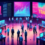 Create an image depicting a futuristic, digital financial hub bustling with activity. At the center, a large screen displays the words Margin Trading Facil