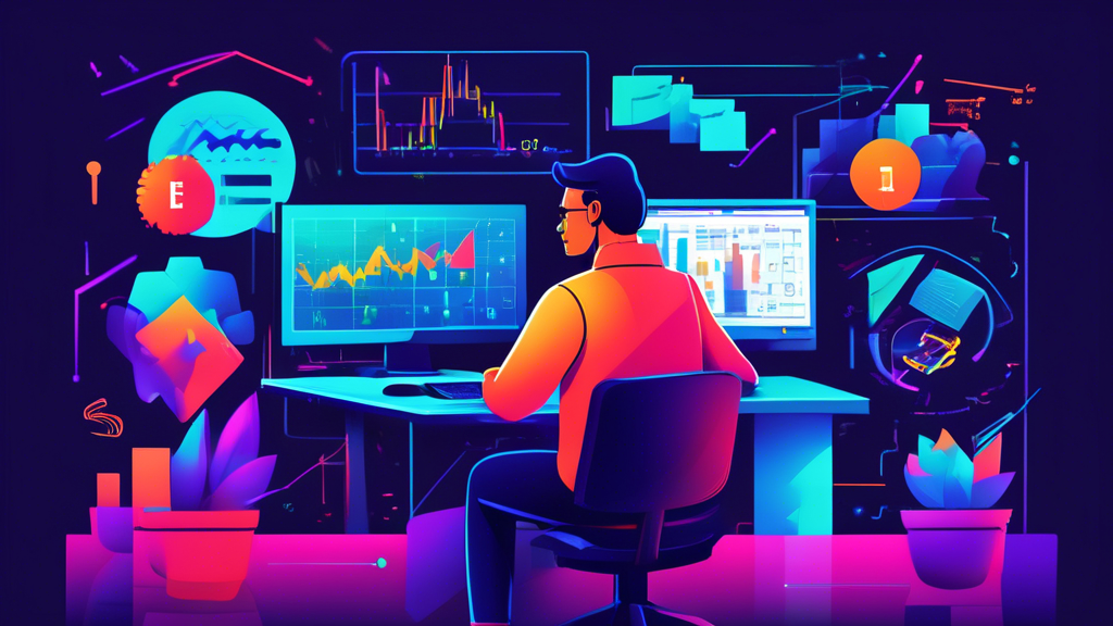 An educational illustration depicting the concept of margin trading, featuring a beginner trader analyzing financial charts on a computer screen, surrounde