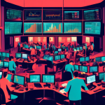 Create an illustration depicting a chaotic financial trading floor with anxious traders surrounded by large screens displaying declining stock prices and m