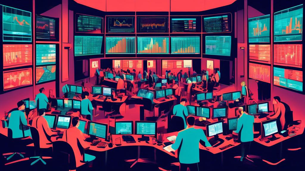 Create an illustration depicting a chaotic financial trading floor with anxious traders surrounded by large screens displaying declining stock prices and m