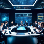 Create an image of a diverse group of financial professionals sitting around a large, futuristic conference table. Each person is engaged in intense discus