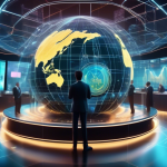 Create an image of a futuristic financial hub with holographic screens displaying intricate and dynamic charts. In the center, a digital globe represents t