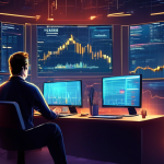 Create an image depicting a dynamic and futuristic scene of Bitcoin margin trading in the US. The image should feature a digital financial market with larg